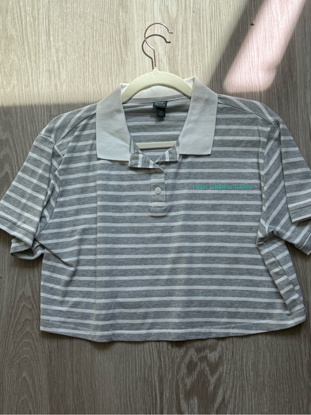 wild fable Gray & White Striped Polo Crop Top “I have religious trauma”